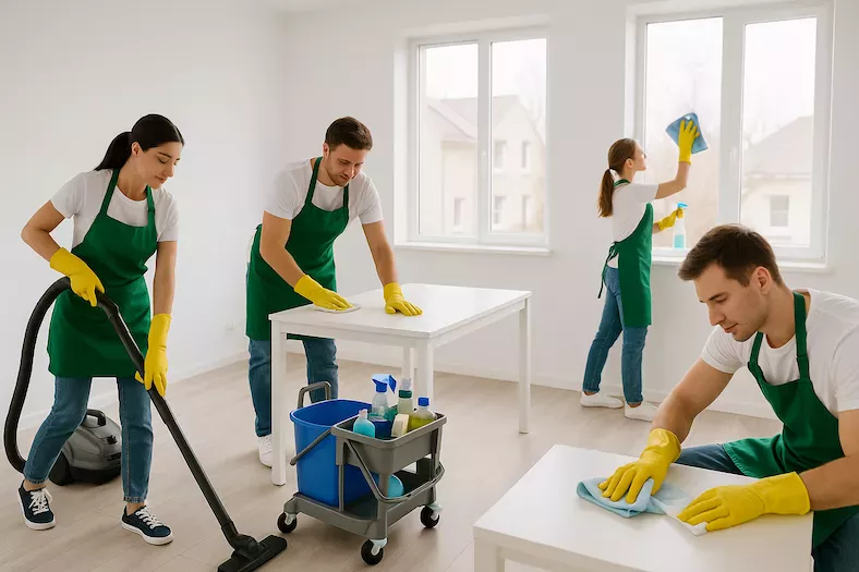 "En grupp städare arbetar tillsammans i ett tomt hem, där några dammsuger, andra putsar fönster och torkar av ytor – symboliserar ett effektivt team som genomför en grundlig flyttstädning."